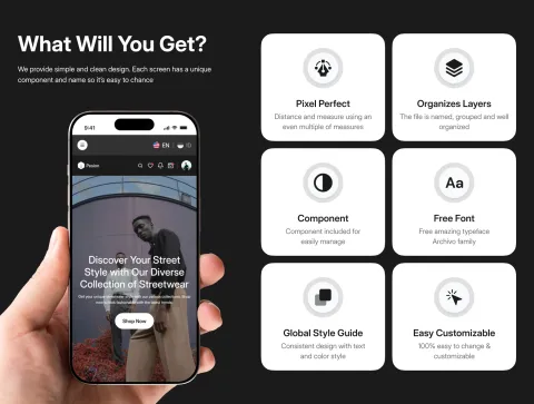 Feature breakdown highlighting pixel-perfect design, organized layers, and component options