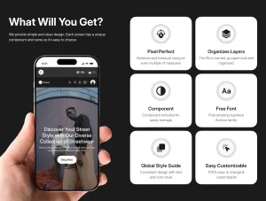 Thumb Feature breakdown highlighting pixel-perfect design, organized layers, and component options