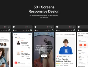 Thumb Responsive design preview showing mobile cart, order tracking, and account screens