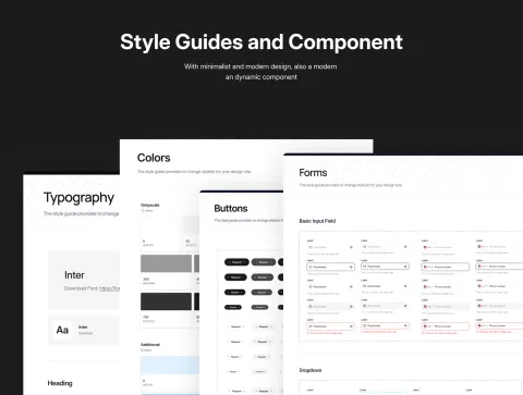 Style guide preview displaying typography, color palettes, buttons, and form input fields