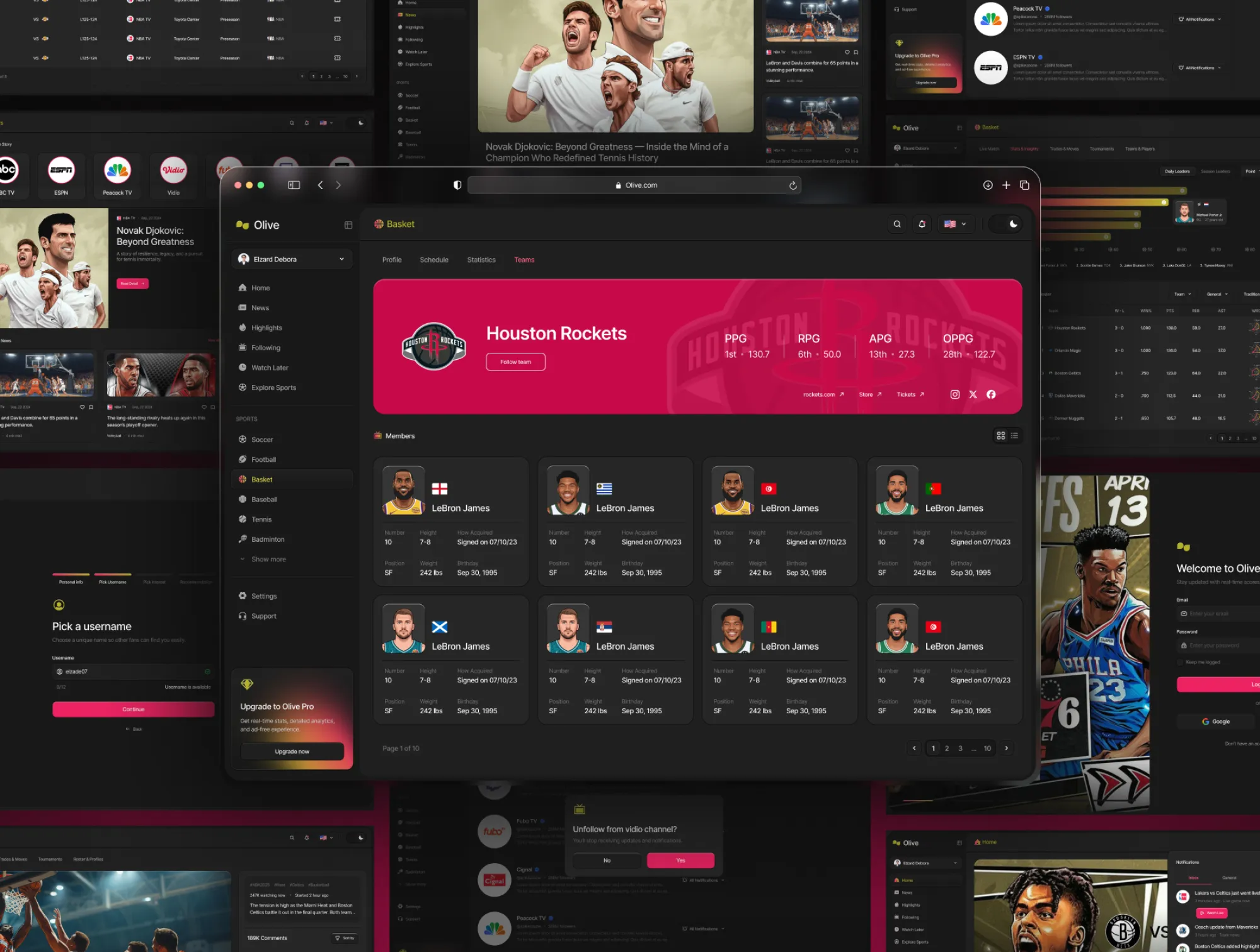 Olive preview showing detailed team stats, roster management, and user profile screens.