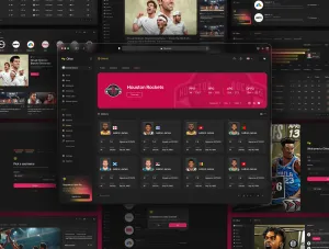 Thumb Olive preview showing detailed team stats, roster management, and user profile screens.