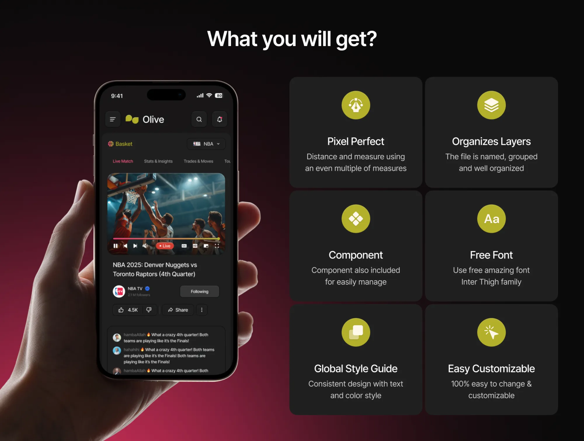 Olive preview highlighting mobile responsive views and key feature callouts.