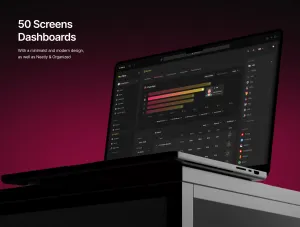 Thumb Olive preview highlighting 50 screens dashboards on laptop.