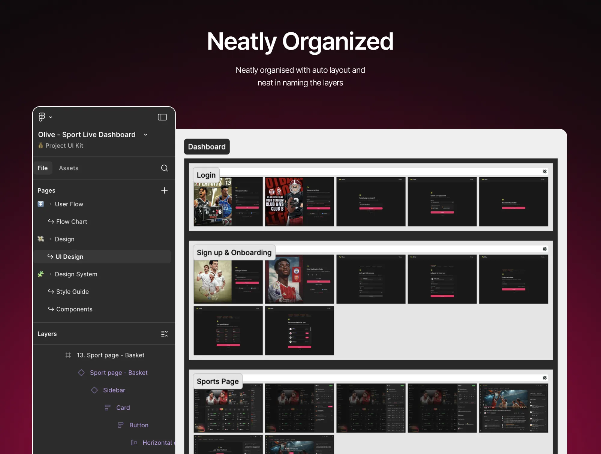 Olive preview demonstrating neatly organized Figma layers and page structure.