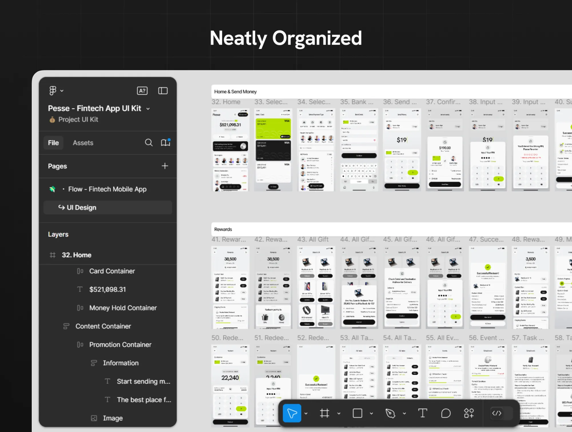Neatly organized Figma layers and screen overview