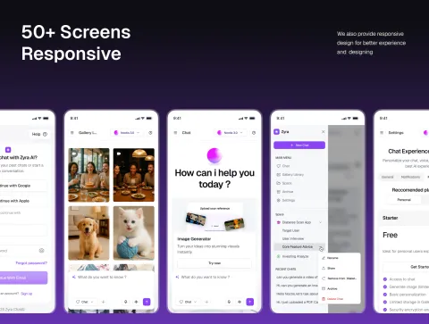 Mobile responsive screen previews of Zyra Chat AI showing login, gallery, chat, menu, and settings screens.