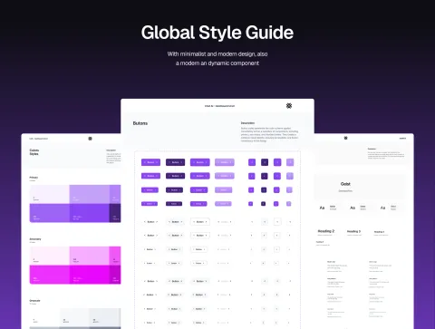 Global Style Guide preview showing buttons, color styles, typography, and components used in the Zyra UI Kit.