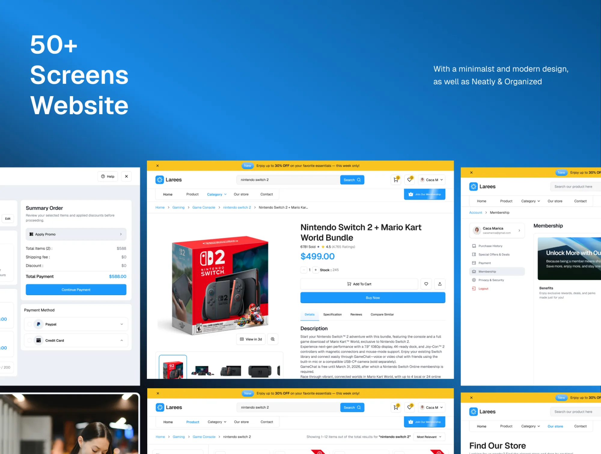 Larees website screens and order summary preview