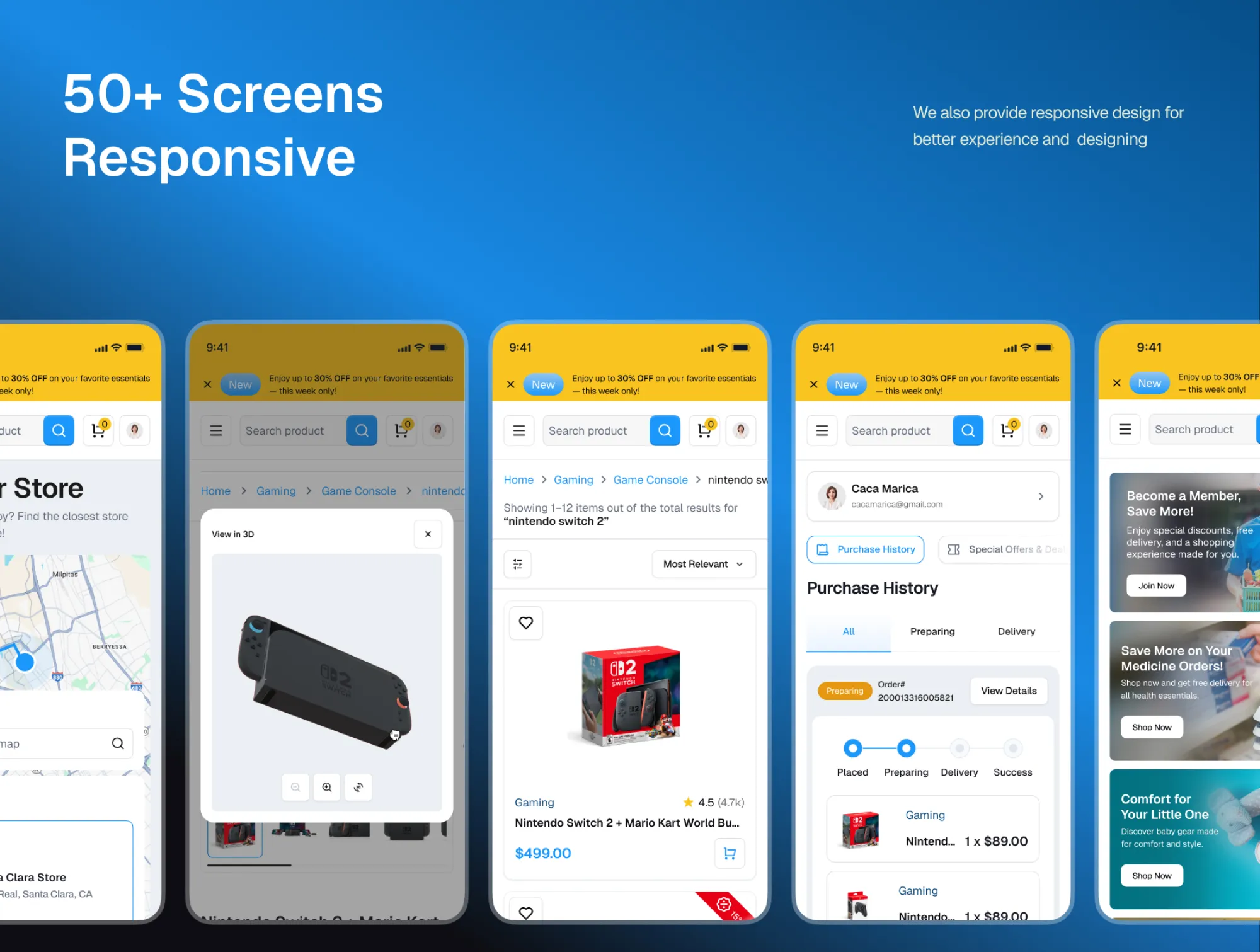 Larees responsive mobile screens and purchase history preview