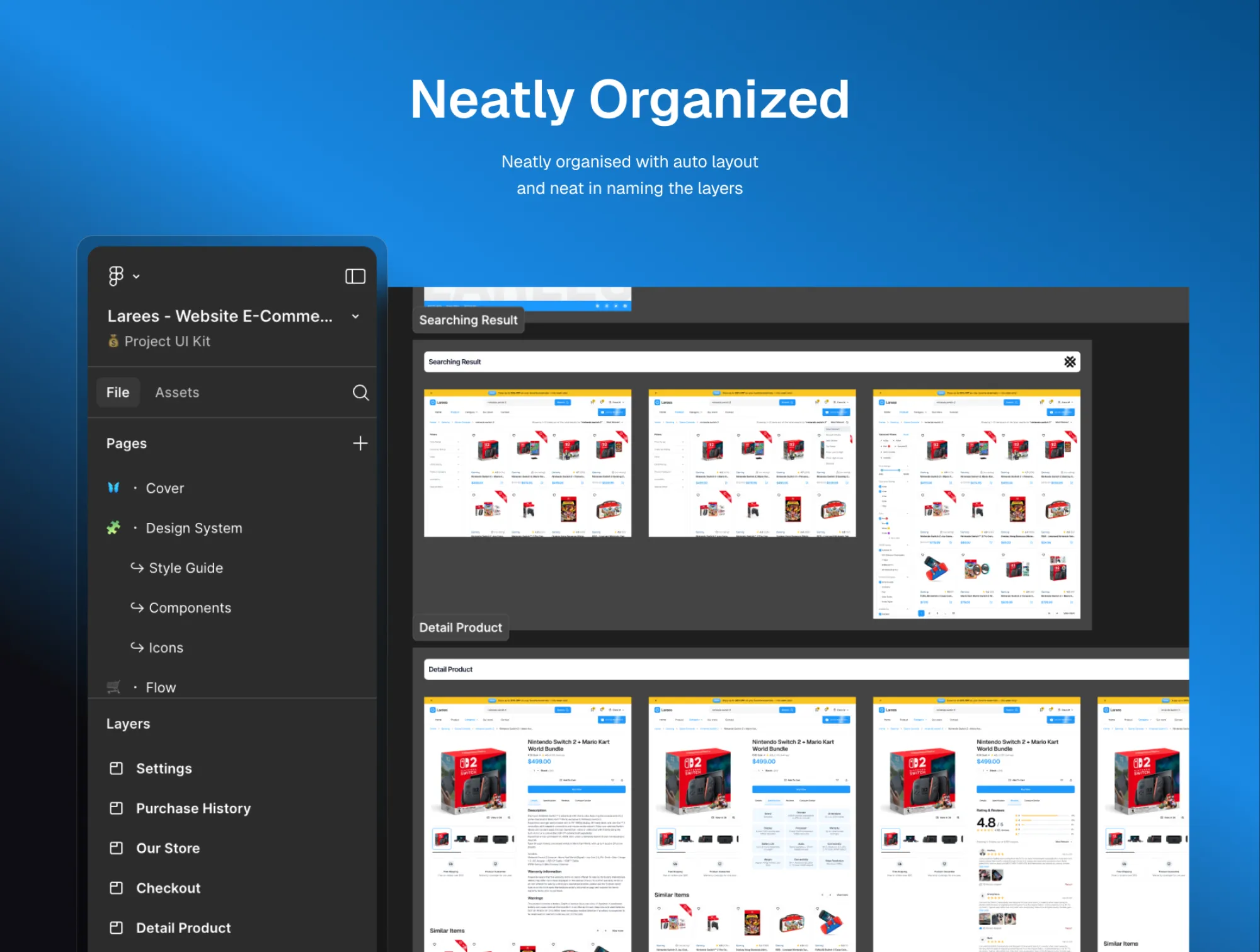 Larees Figma project layers and organized pages preview