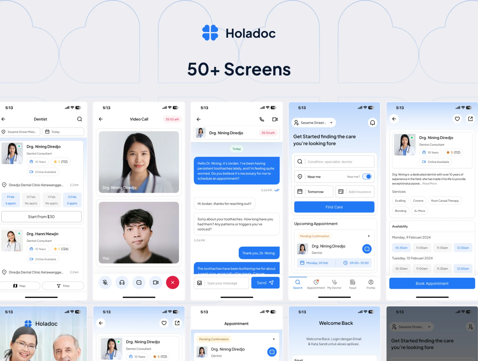Holadoc app screens showing doctor search and appointment details