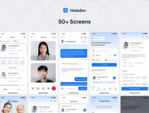 Thumb Holadoc app screens showing doctor search and appointment details