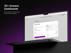 Thumb Laptop screen mockup focusing on 50+ screens and dashboard order summary